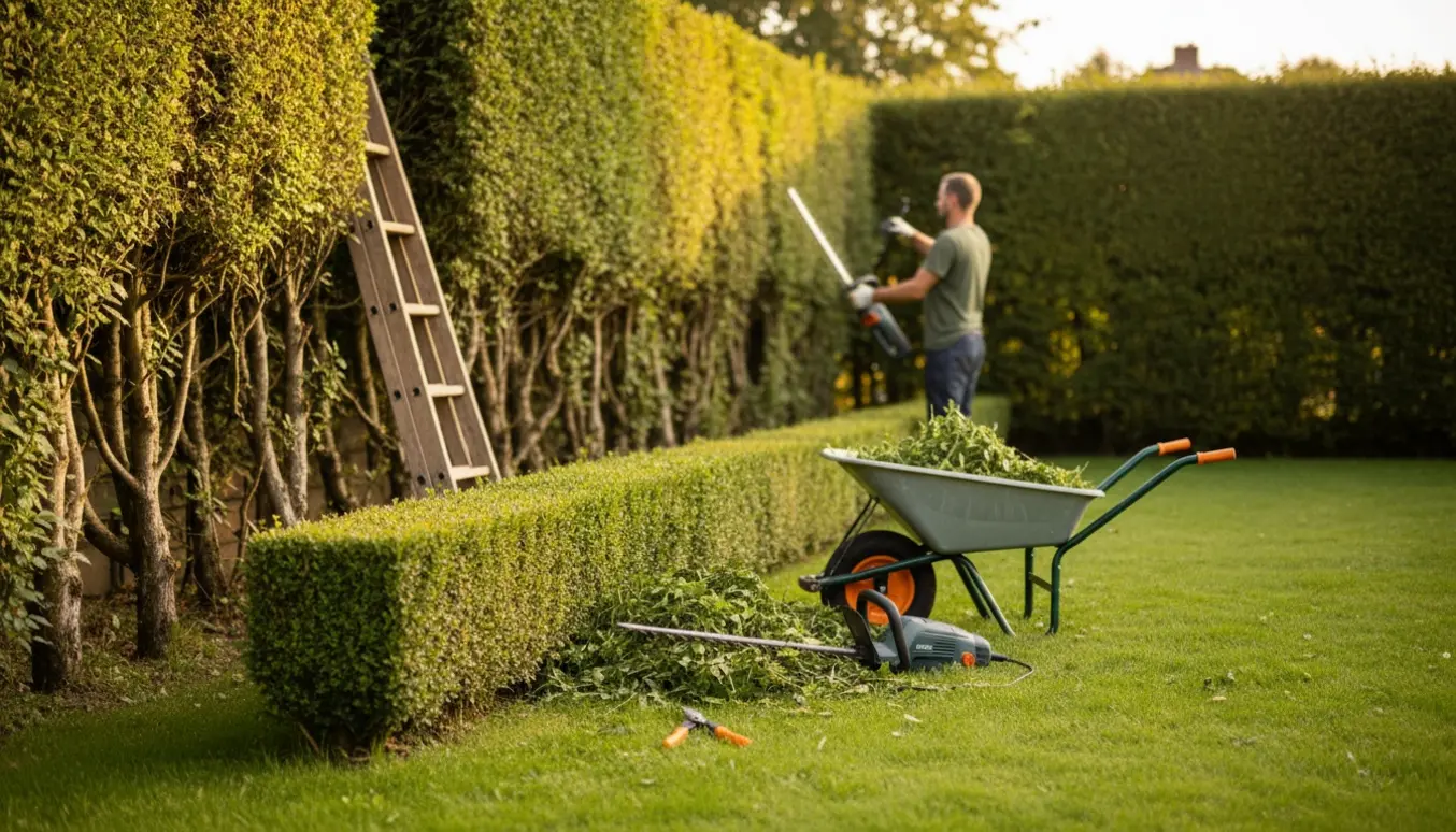 Hækklipning i en have med hække på tre sider, friske afklippede grene og haveredskaber.