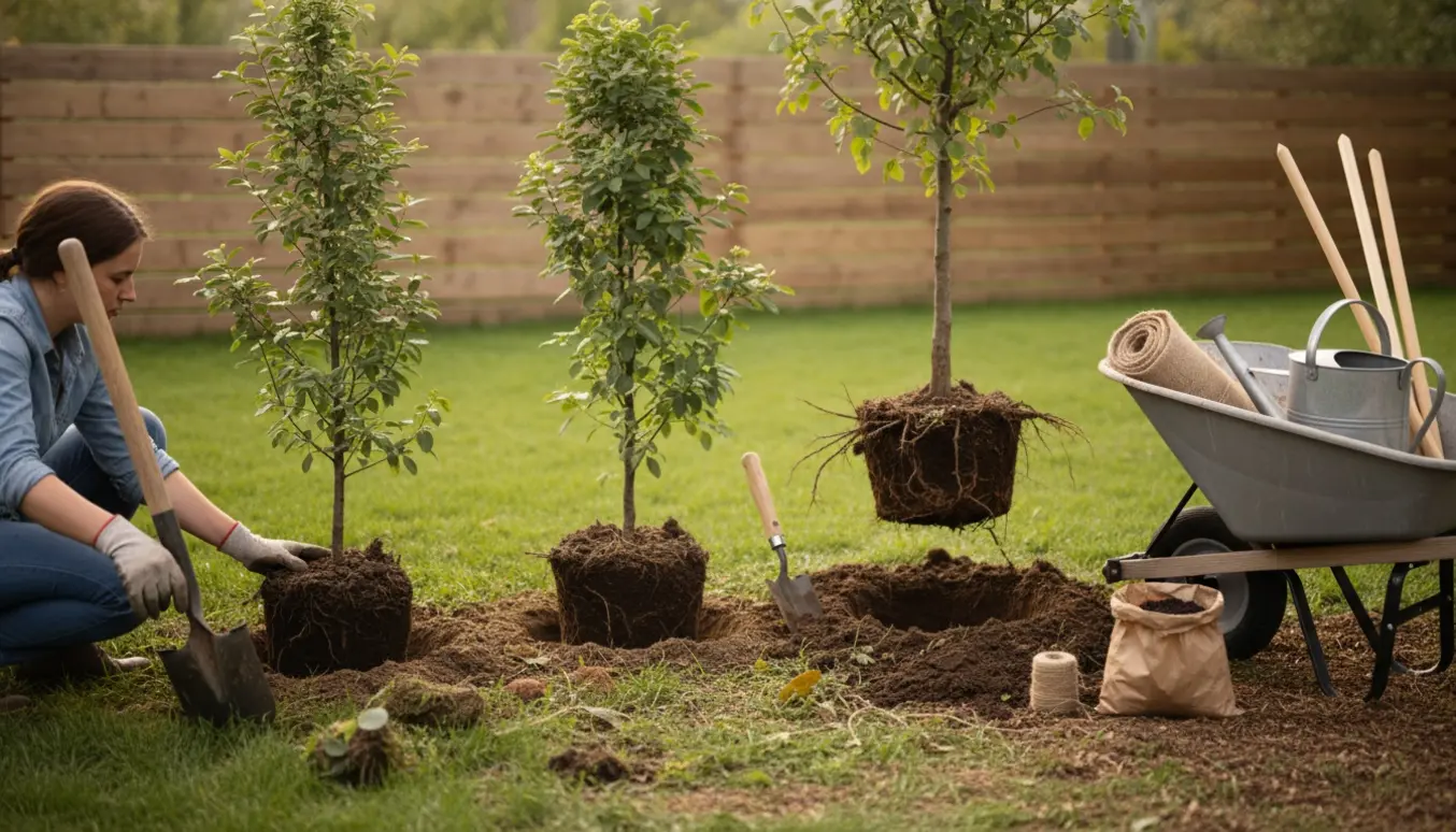 Hænder i handsker planter tre små træer, mens et træ graves op i en baghave.