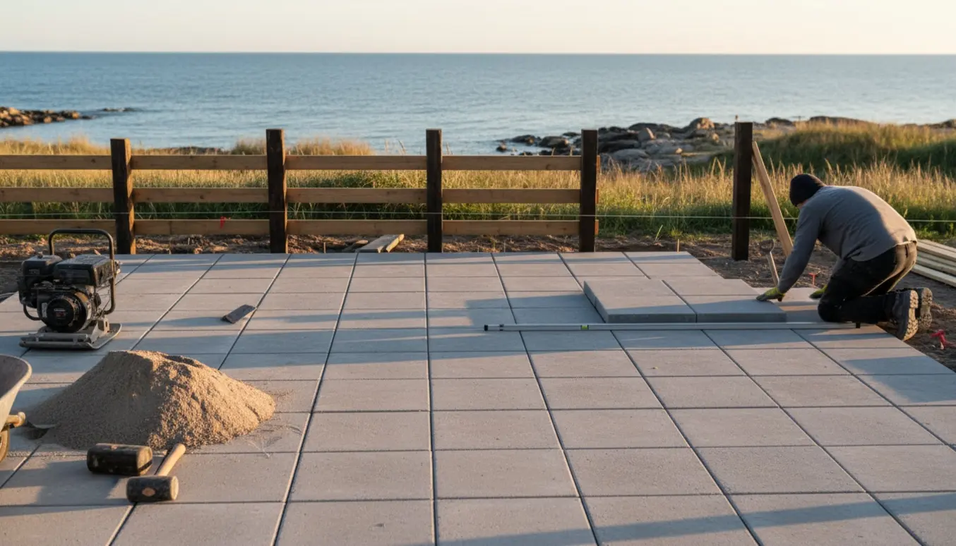 Haveterasse under anlæg ved kysten med lagt betonfliser og opsætning af raftehegn.