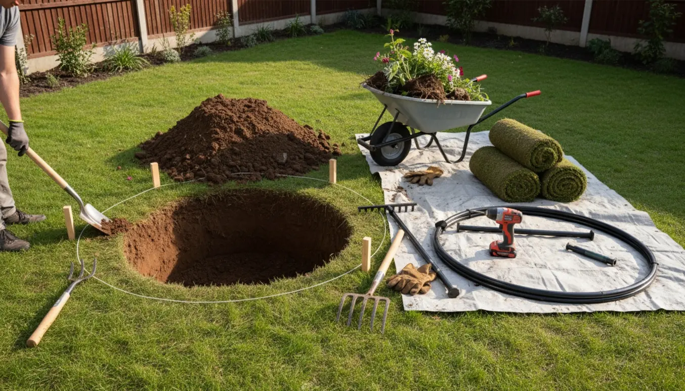 Udgravning til trampolin og nedtagning af bed i baghaven med rullede plænestykker og haveredskaber.