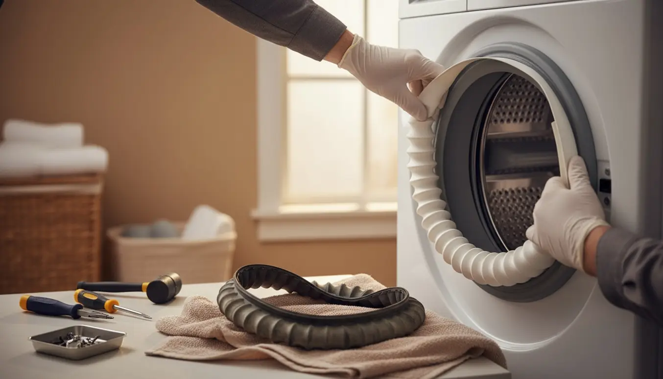 Nærbillede af hænder, der skifter en gummidørbælg på en frontbetjent vaskemaskine/tørretumbler.