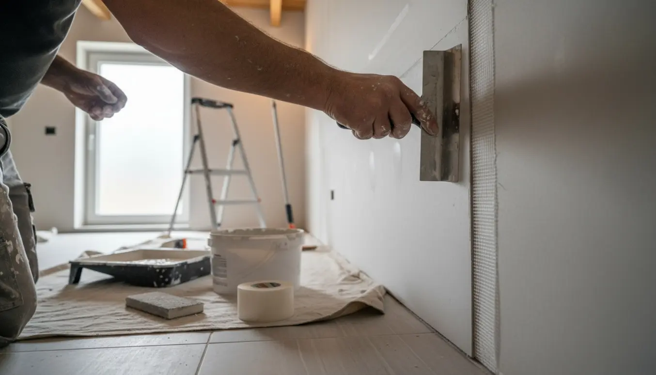 Håndværker spartler og sætter væv op på væg og loft i et lille badeværelse, ansigt ude af billedet.