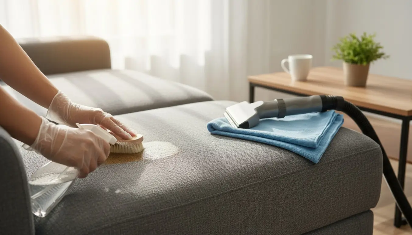 Hænder rengør en grå stofsofa med børste og mikrofiberklud, med synlig før-og-efter-forskel.