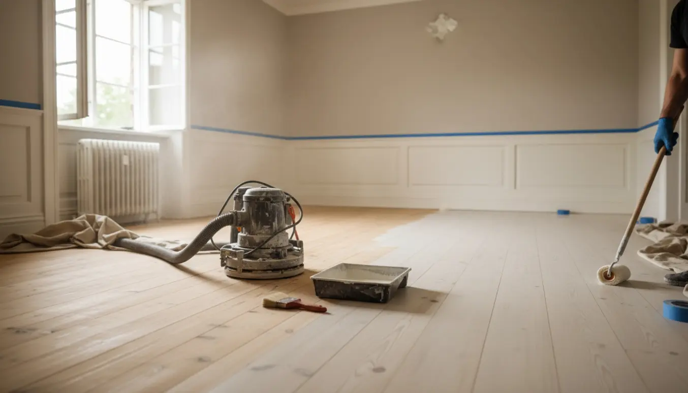Halvt slebet og hvidpigmenteret matlakeret massivt fyrretræsgulv i villa med slibemaskine og rulle i naturligt dagslys.