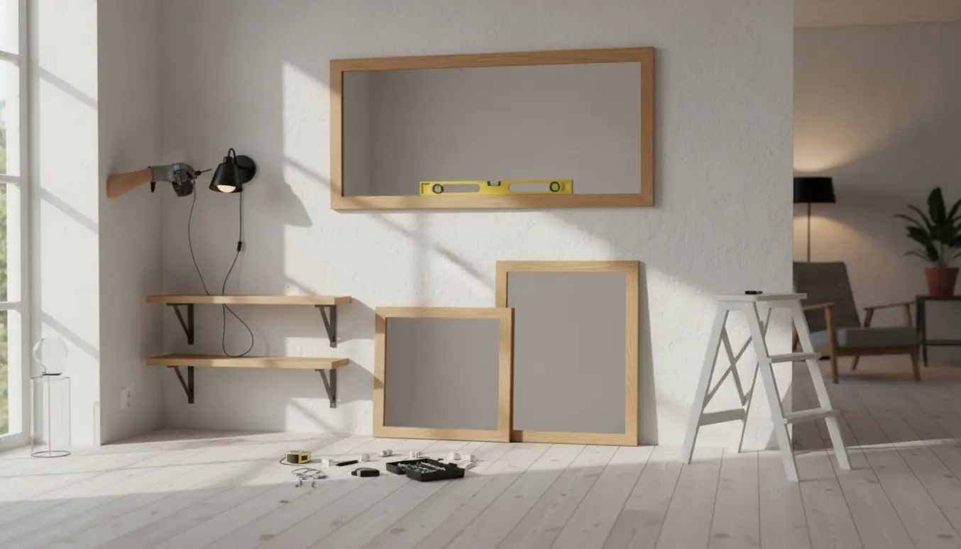 Hænder monterer spejle, en lampe og hylder på en lys væg i et ryddeligt hjem.