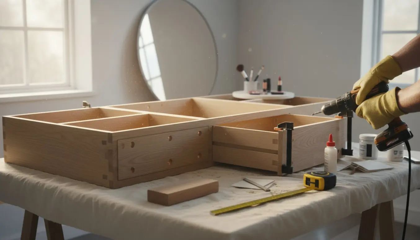 Delvist bygget træ-sminkebord i lyst værksted med værktøj og hænder, der monterer en skuffefront.