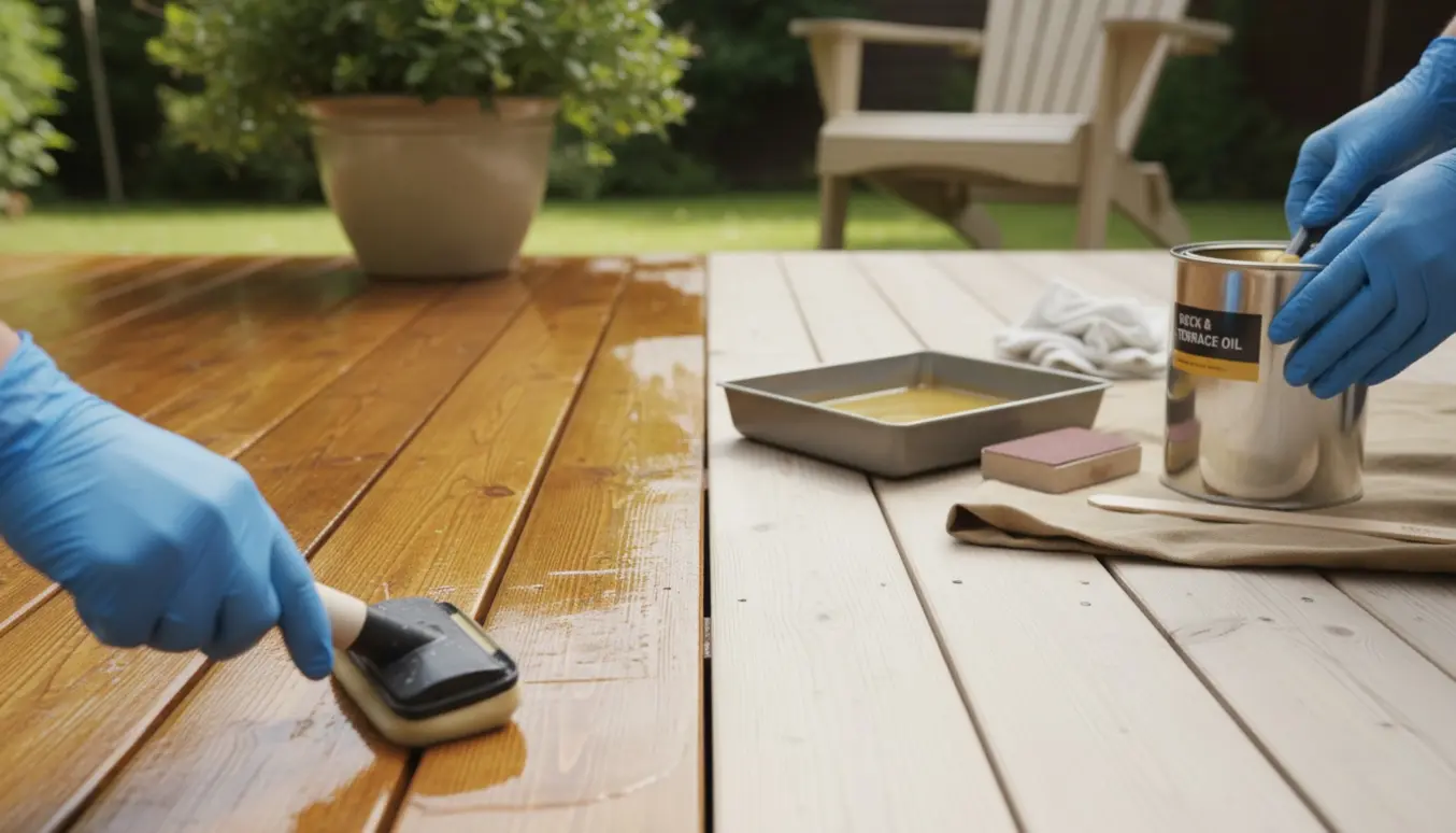 En person olierer en nyslebet træterrasse, hvor de nyligt oliede brædder skinner varmt i solen.