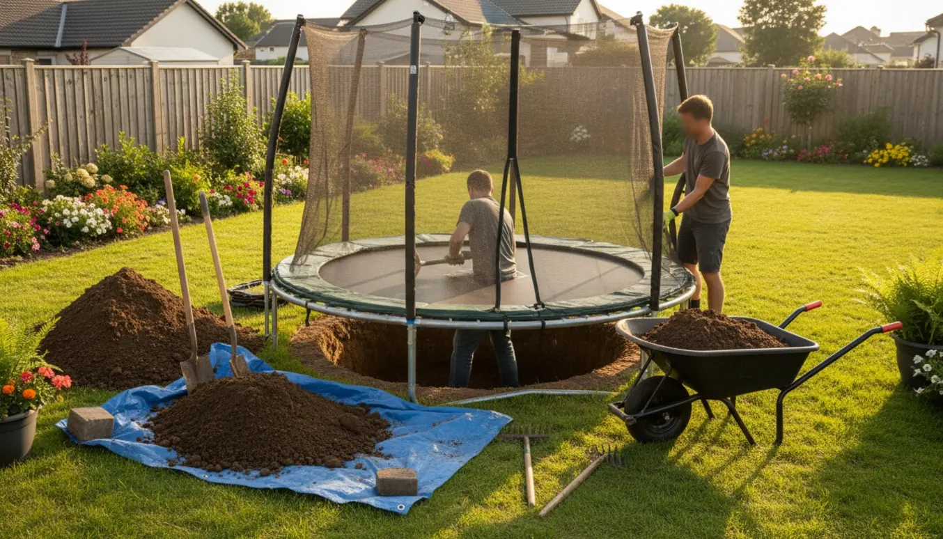 En mellemstor trampolin sænkes ned i haven omgivet af skovle, trillebør og bunker af jord.