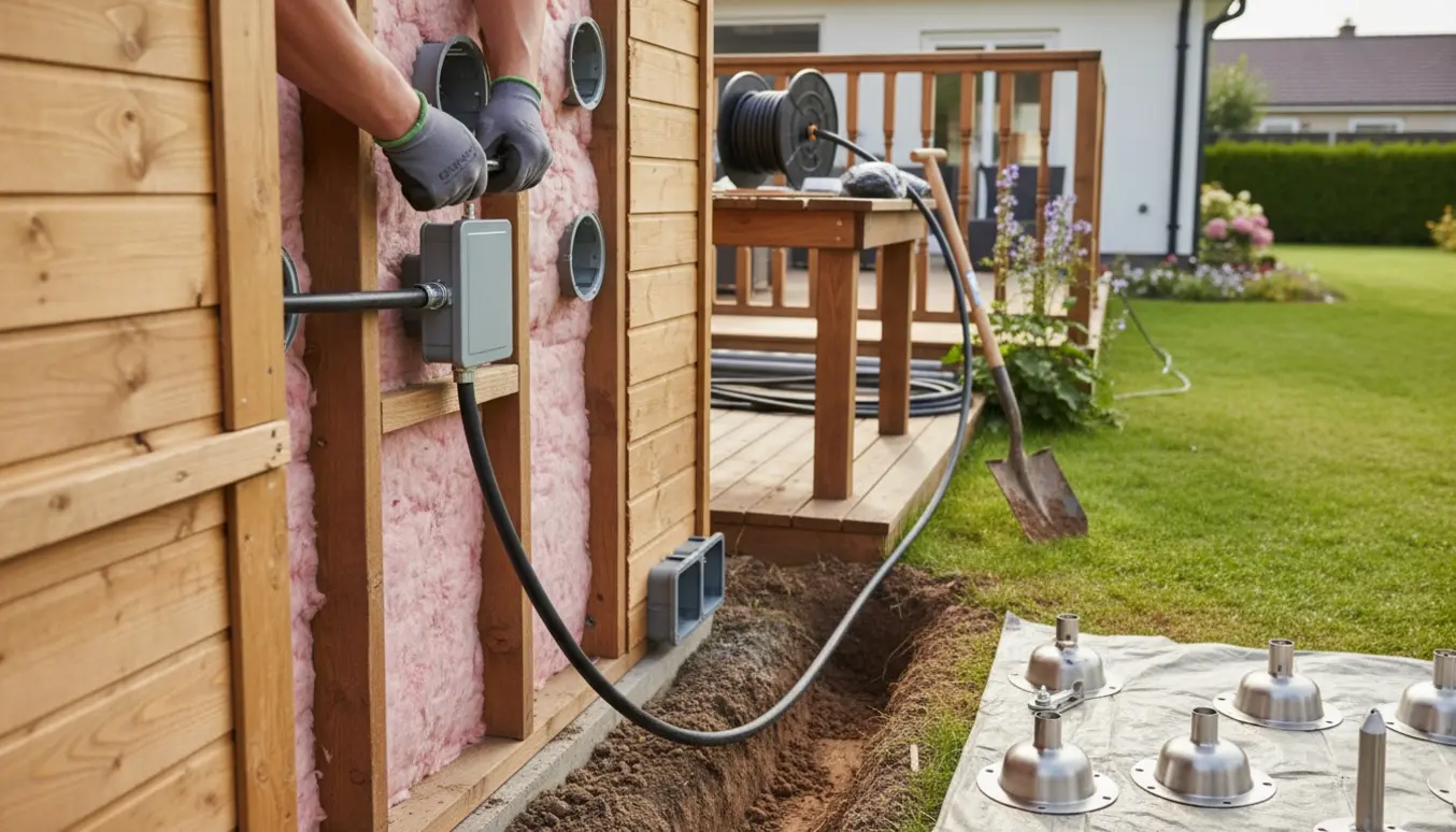 Gloved hænder trækker elkabel fra huset over terrassen til et åbent træskur med synligt vægskelet, lampeudtag og en gravet rille i jorden.