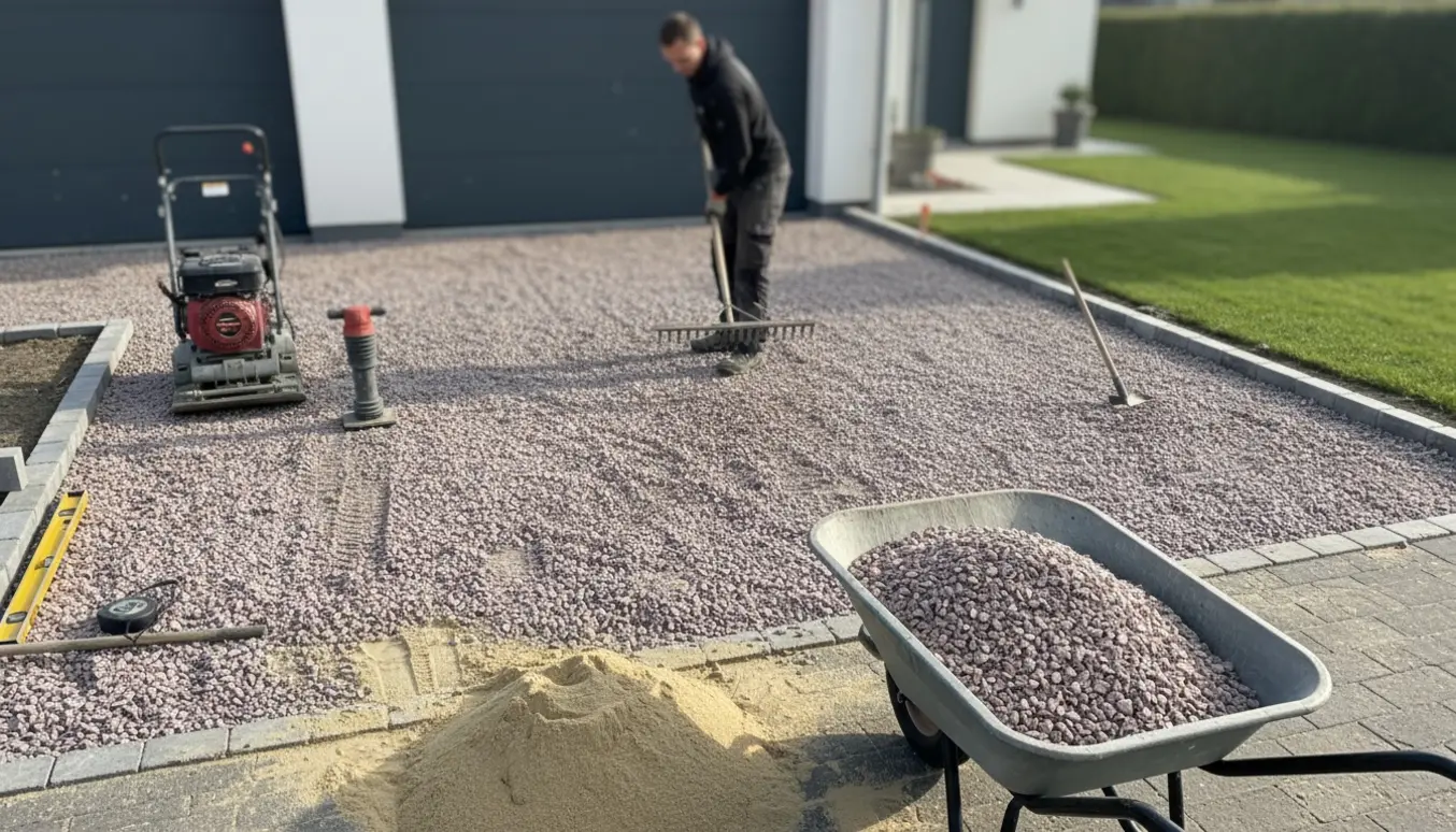 Indkørsel på ca. tyve kvadratmeter får lagt granitskærver med skovl, rive og pladevibrator.