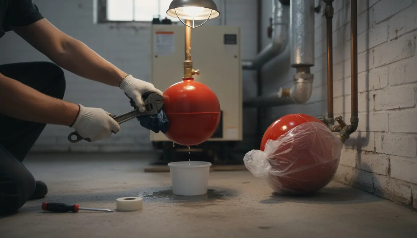 Nærbillede af hænder, der afmonterer en rød 8 l ekspansionsbeholder i et kælderfyr med værktøj og en ny uåbnet beholder ved siden af.