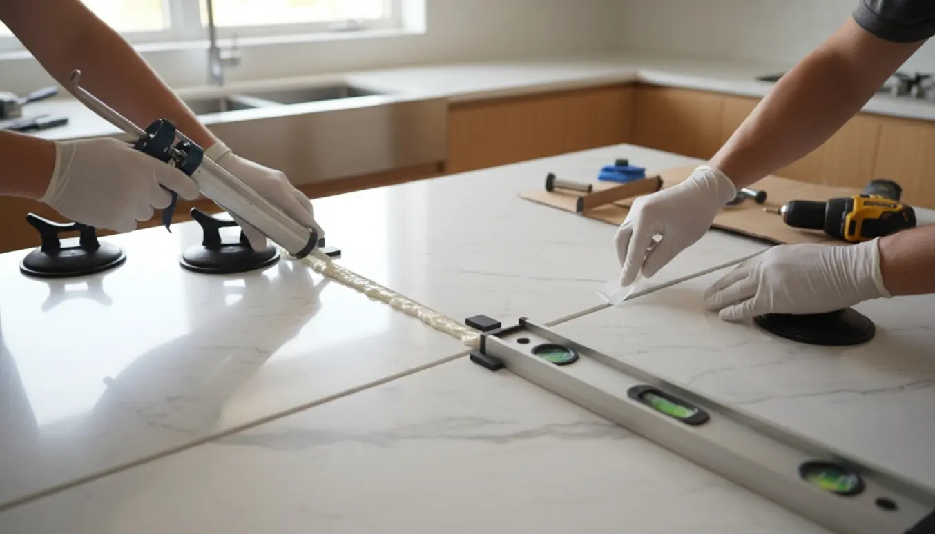 To lange marmorbordplader monteres i et lyst køkken, montørernes hænder udglatter samlingen med fugepistol og vaterpas.