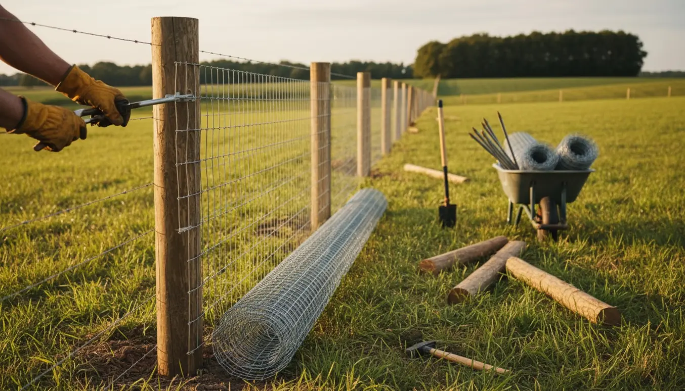Opsætning af vildthegn i mark med ruller af trådnet, værktøj og hænder i handsker i forgrunden.