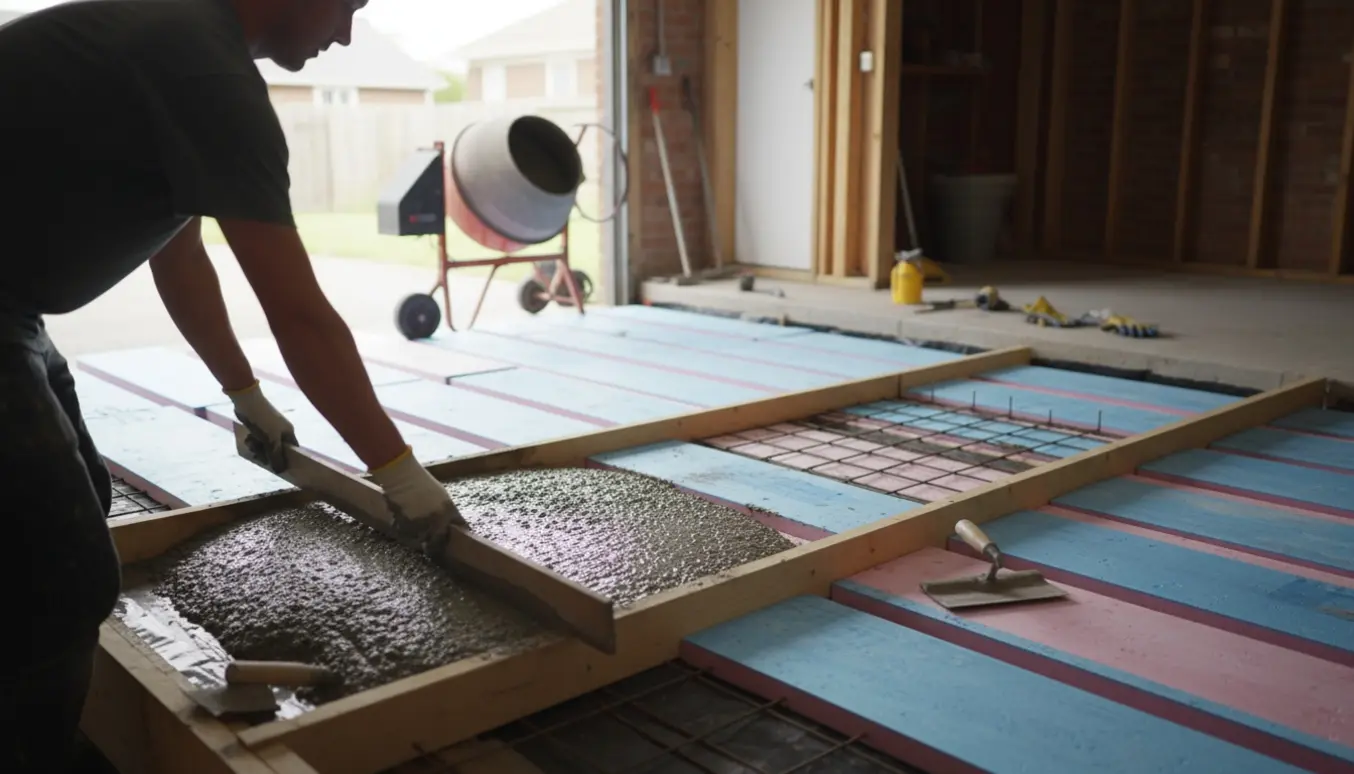 Hænder udglatter ny støbt, isoleret fundament i en åben garage ved siden af et eksisterende skurgulv.