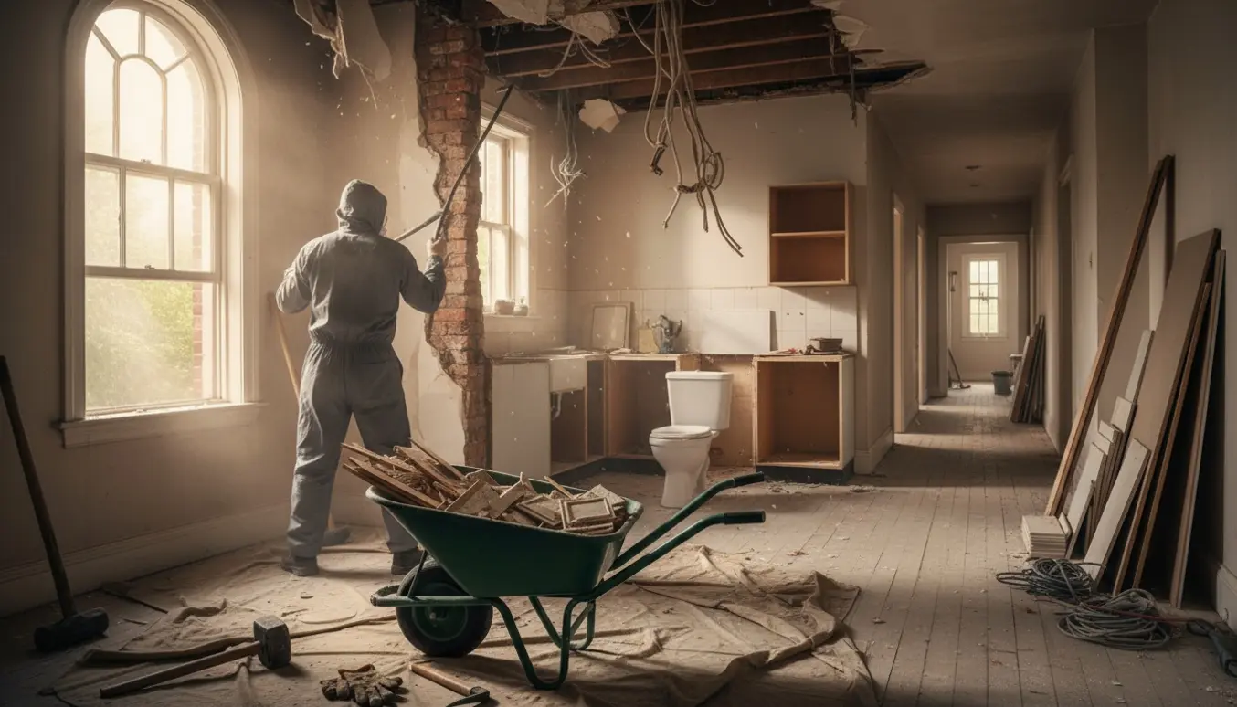 Indvendig nedrivning i et gammelt hus med håndværker, afmonteret loft, køkken og bunker af murbrokker.