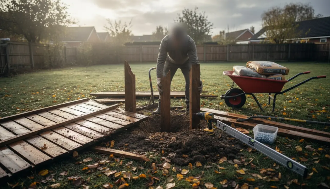 Handsker holder en ny hegnstolpe blandt væltede træhegn efter en storm.