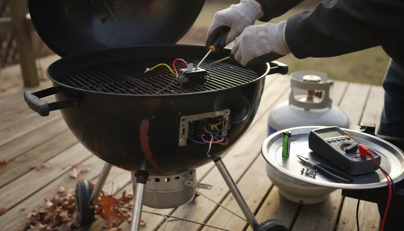 Hænder udskifter tændingsmodul på en sort gasgrill på en træterrasse.