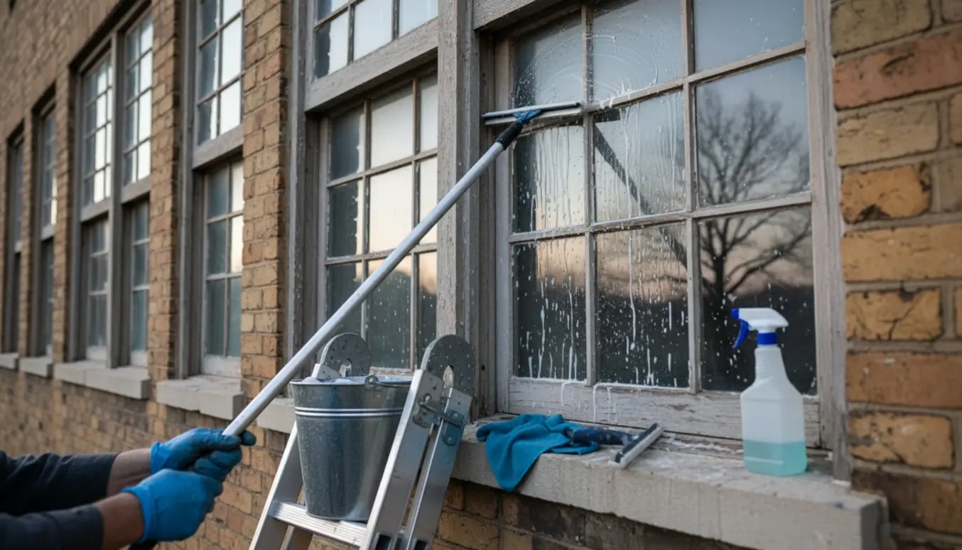 Hænder pudser en række små sprossevinduer med en squeegee og spand i blødt dagslys.