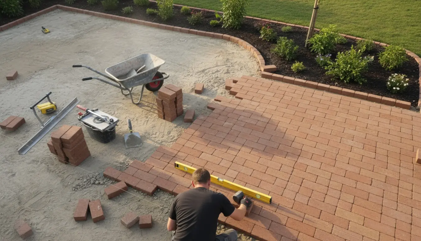 Terrasse under renovering med nye 10×15 fliser, værktøj og kant omkring et bed.