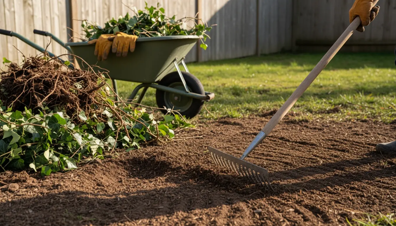 Opgravet efeu og en rive bruges til at planere mørk jord i et lille havebed med trillebør til plantemateriale.