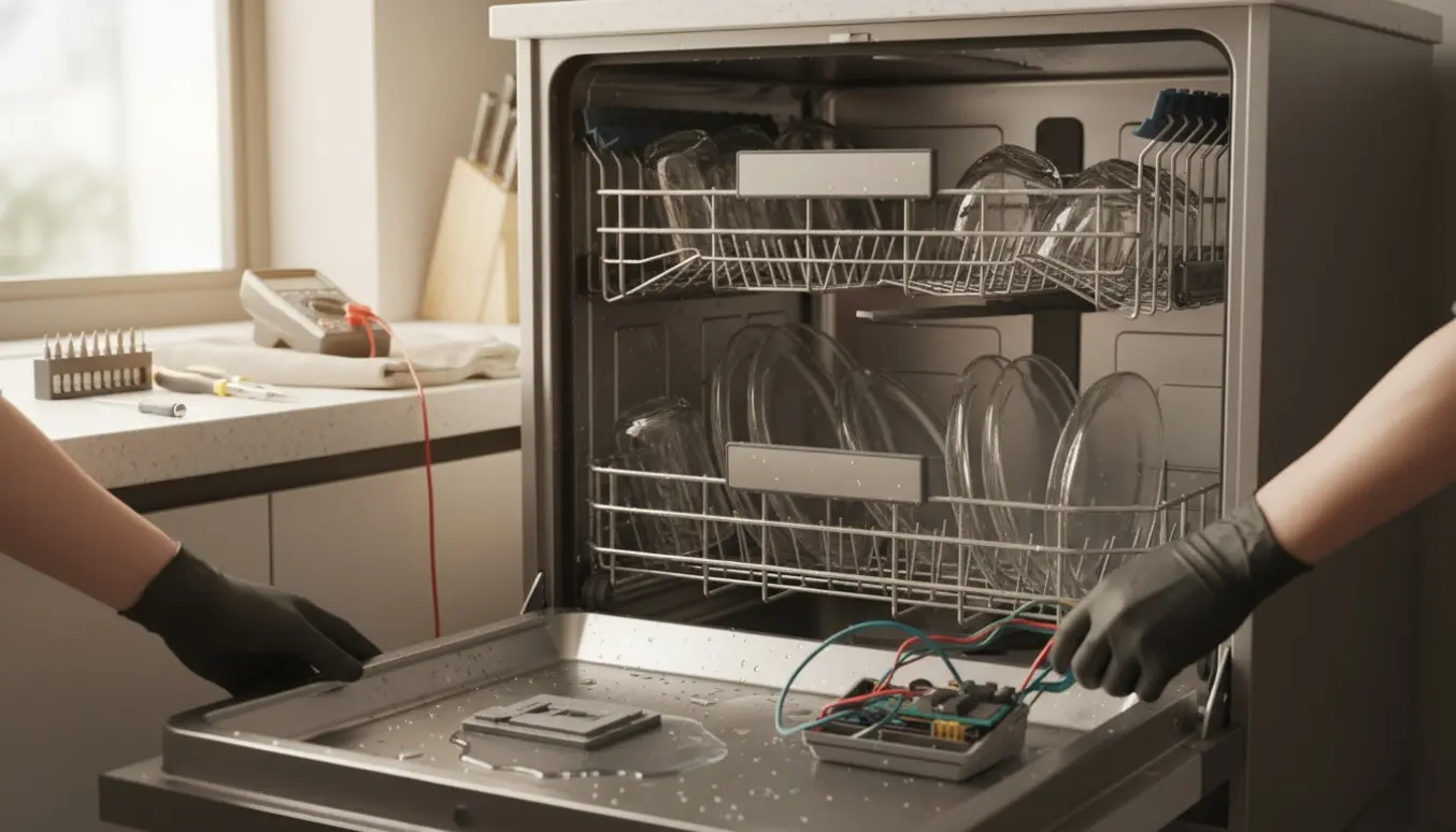 Tekniker undersøger åben opvaskemaskine i et lyst, moderne køkken med værktøj og reservedele.