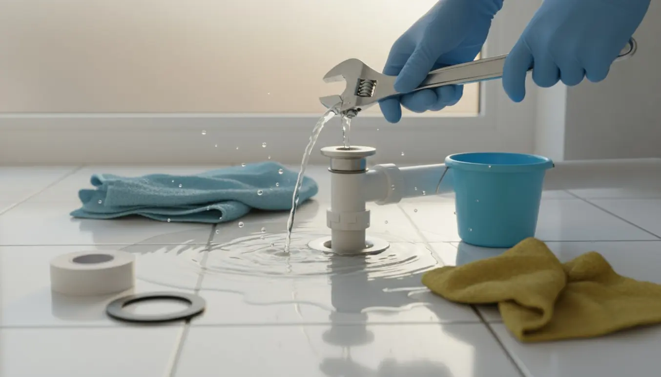 Nærbillede af en utæt afløbssamling i et badeværelse, hvor hænder reparerer lækagen.