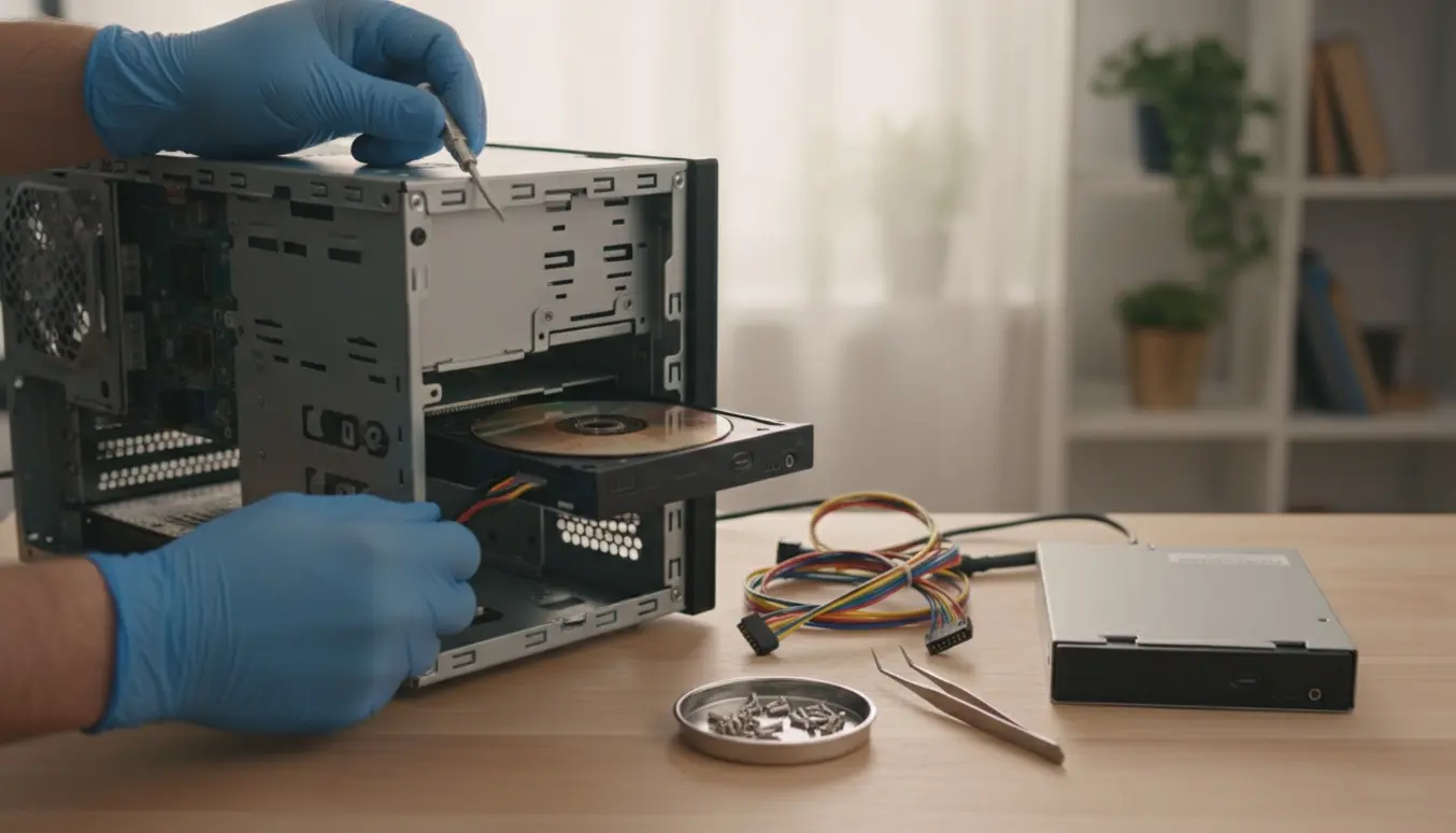 Åben stationær pc med optisk drev og værktøj til reparation.
