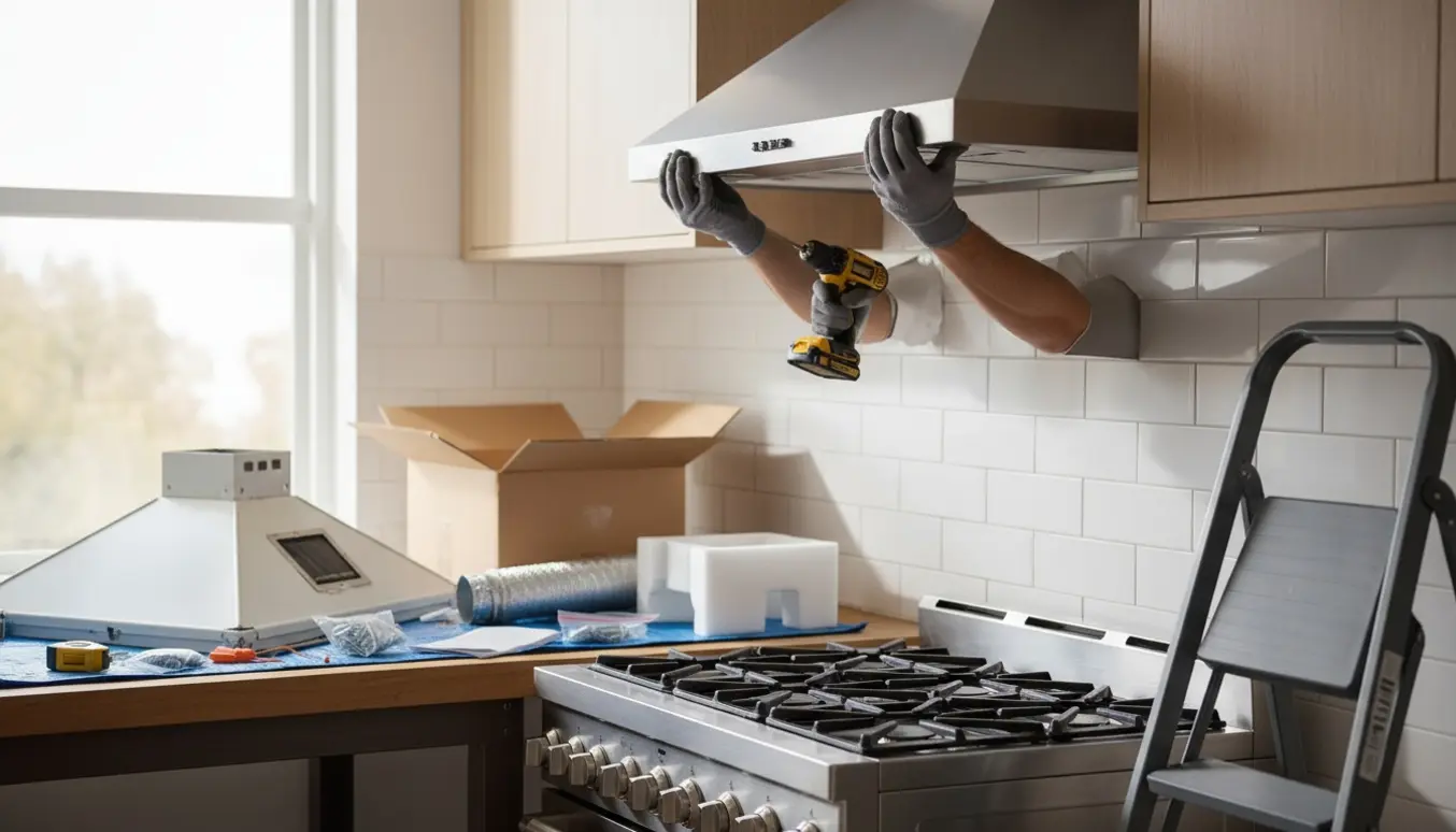 Nærbillede af hænder, der monterer en ny rustfri emhætte i et lyst køkken med værktøj omkring.