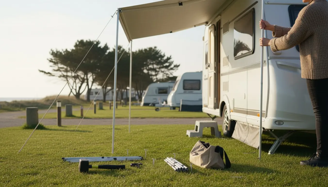 Hænder opsætter et fortelt til en campingvogn på en campingplads i blødt morgenlys.
