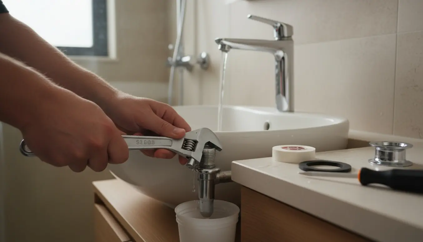 Hænder skifter bundventil i badeværelsesvask med skruenøgle, pakningstape og en spand til opsamling af vand.