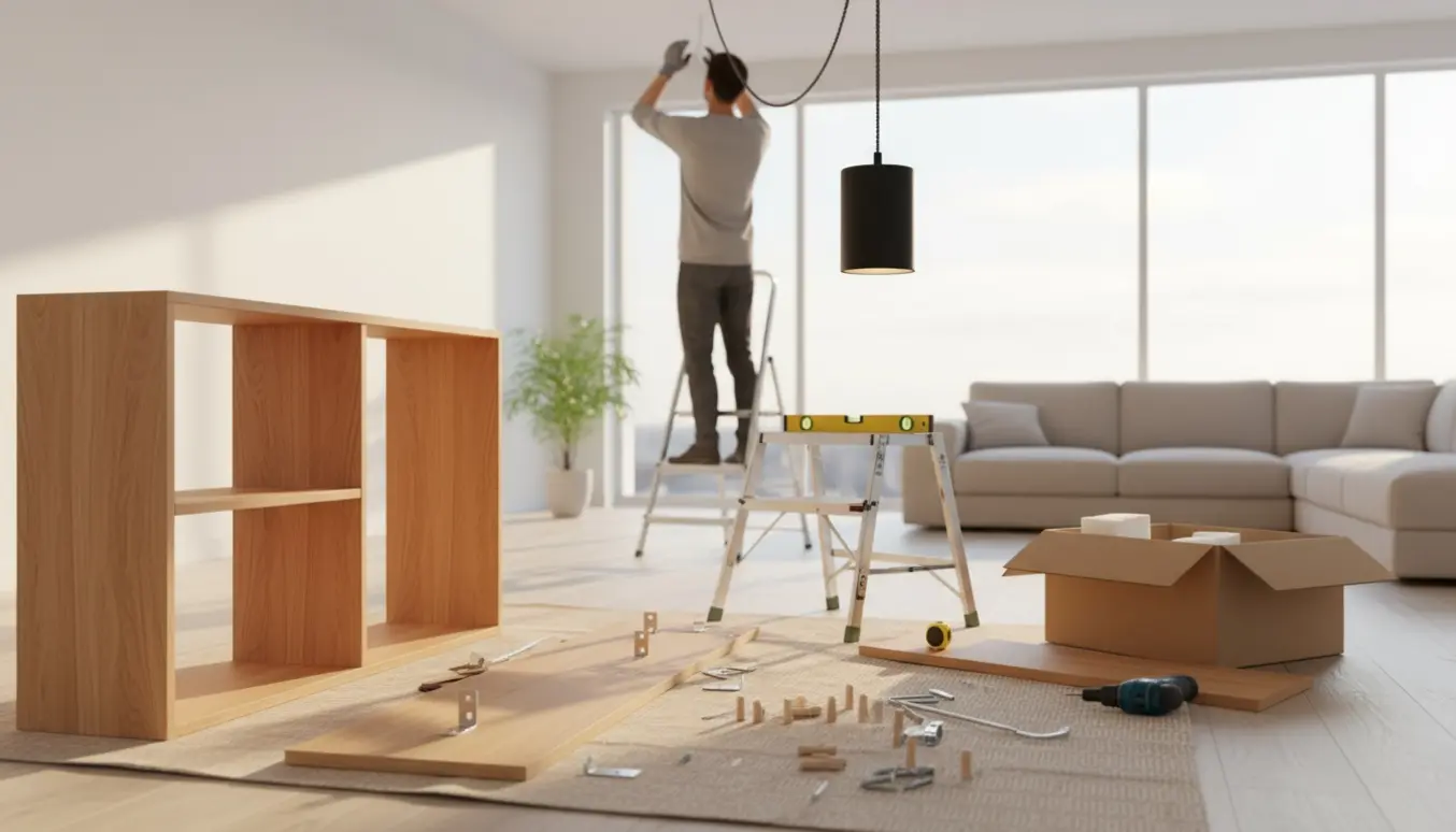 Person samler en reol og hænger en loftlampe i en lys, moderne stue uden synligt ansigt.