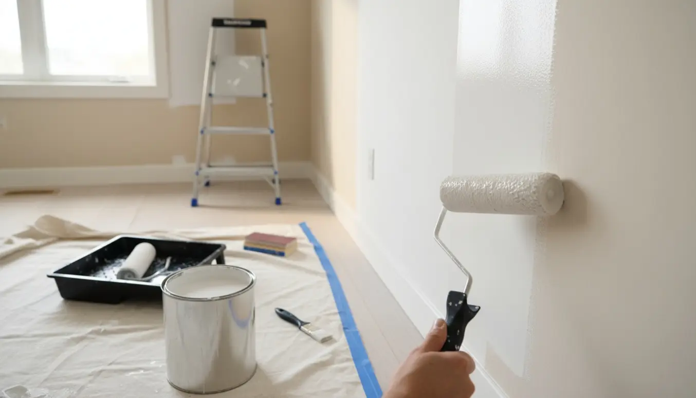Hånd ruller hvid maling på en væg i et lyst værelse med malerudstyr og afdækningsdug.