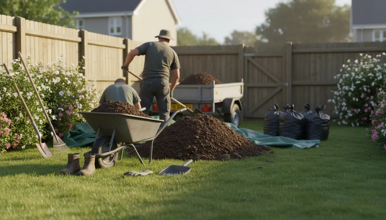 Stor jordbunke i baghaven under fjernelse med skovl, trillebør, sække og trailer klar til bortskaffelse.