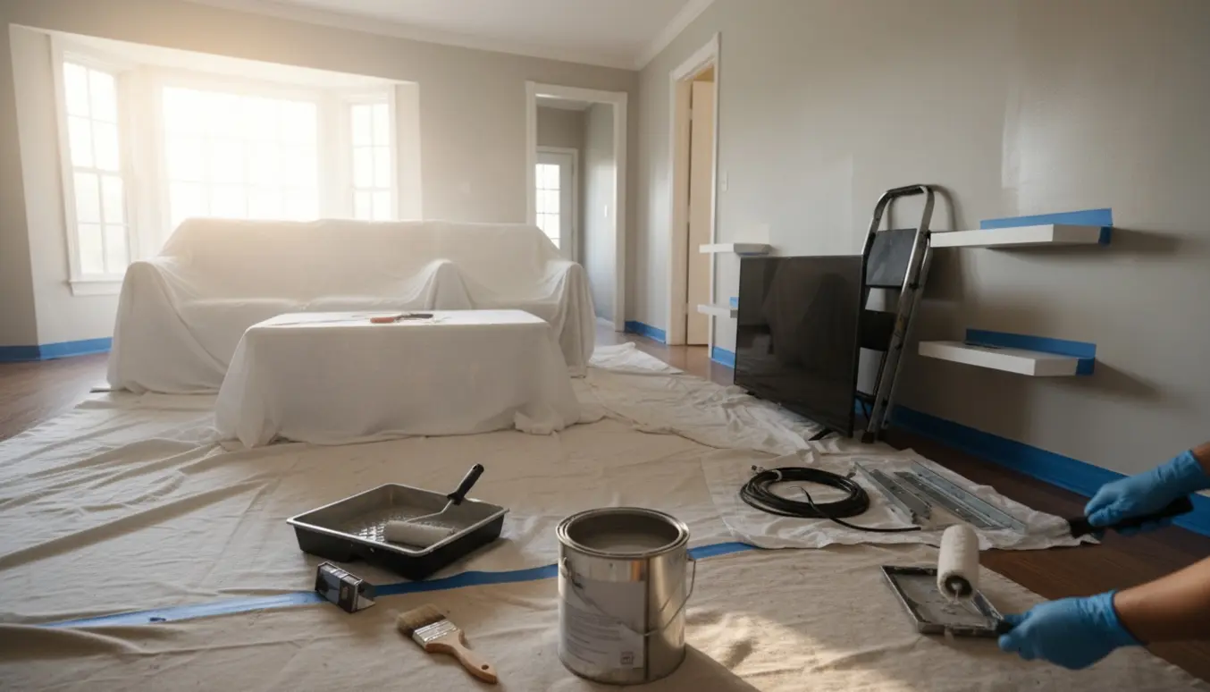 Stue og gang under maling med afdækkede møbler, frakoblet TV og hylder lagt til side.