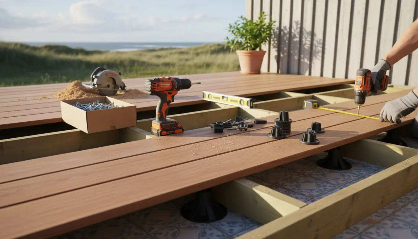 Træterrasse under opbygning ovenpå en fliseterrasse ved et sommerhus, med træbrædder og værktøj i varmt dagslys.