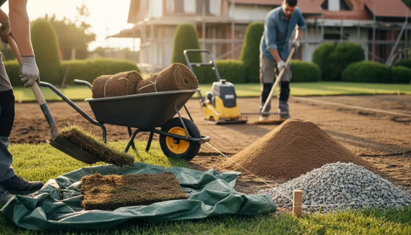 Forhave hvor græs fjernes, og sand og grus udlægges med skovl, rive og pladevibrator.