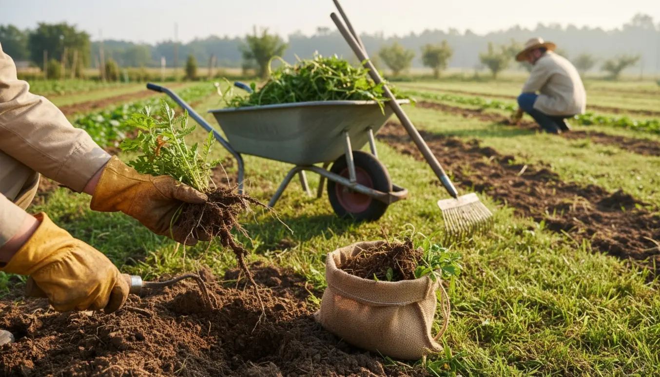Nærbillede af handsker, der luger ukrudt i en stor have med trillebør og værktøj i baggrunden.