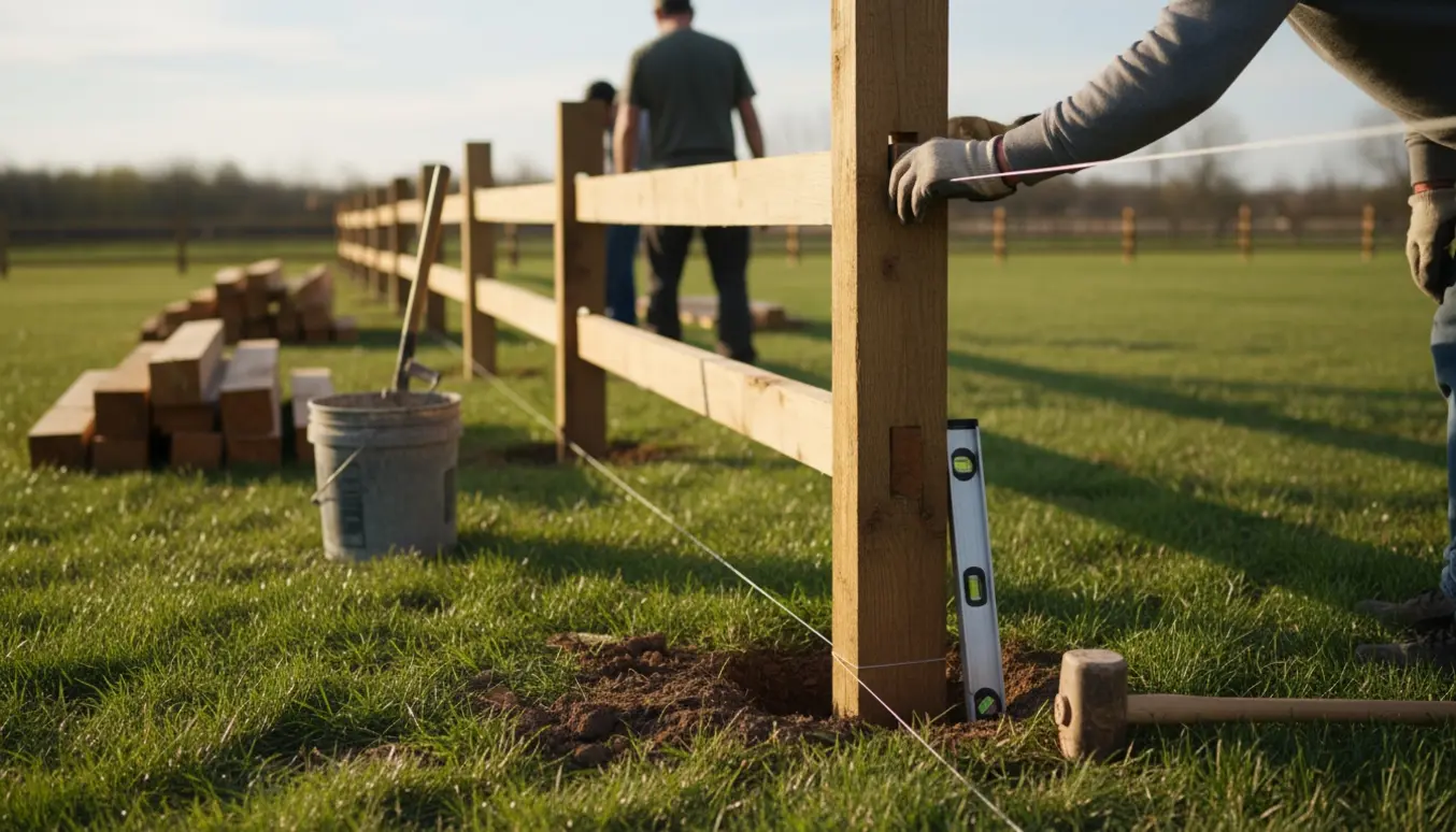 Opsætning af raftehegn i en have med træstænger, værktøj og arbejdshænder synlige.