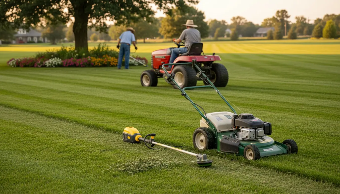 Bagfra-syn af en plænetraktor og en motoriseret håndskubber med trimmer, der klipper kanterne på en stor nyklippet græsplæne.