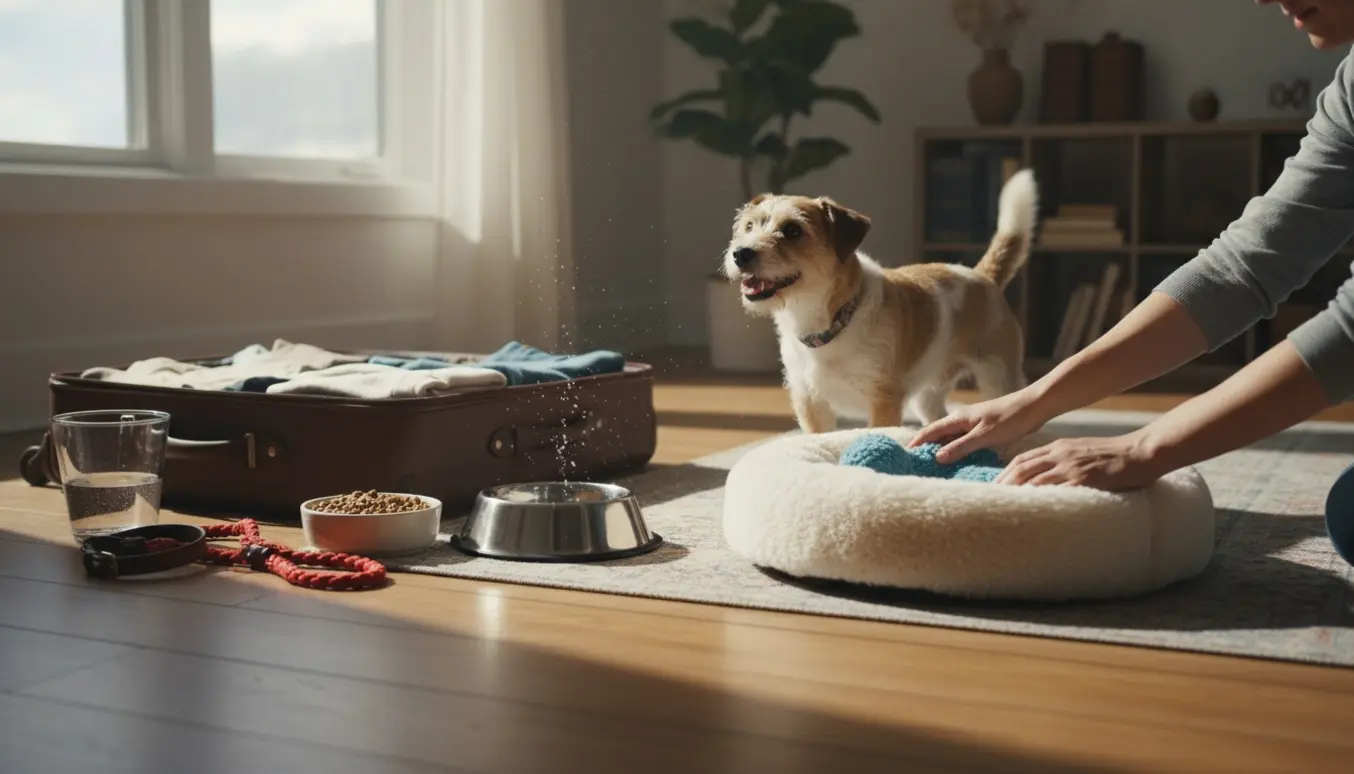 En lille hund venter ved en åben kuffert, mens hænder forbereder hundeseng og vandskål.
