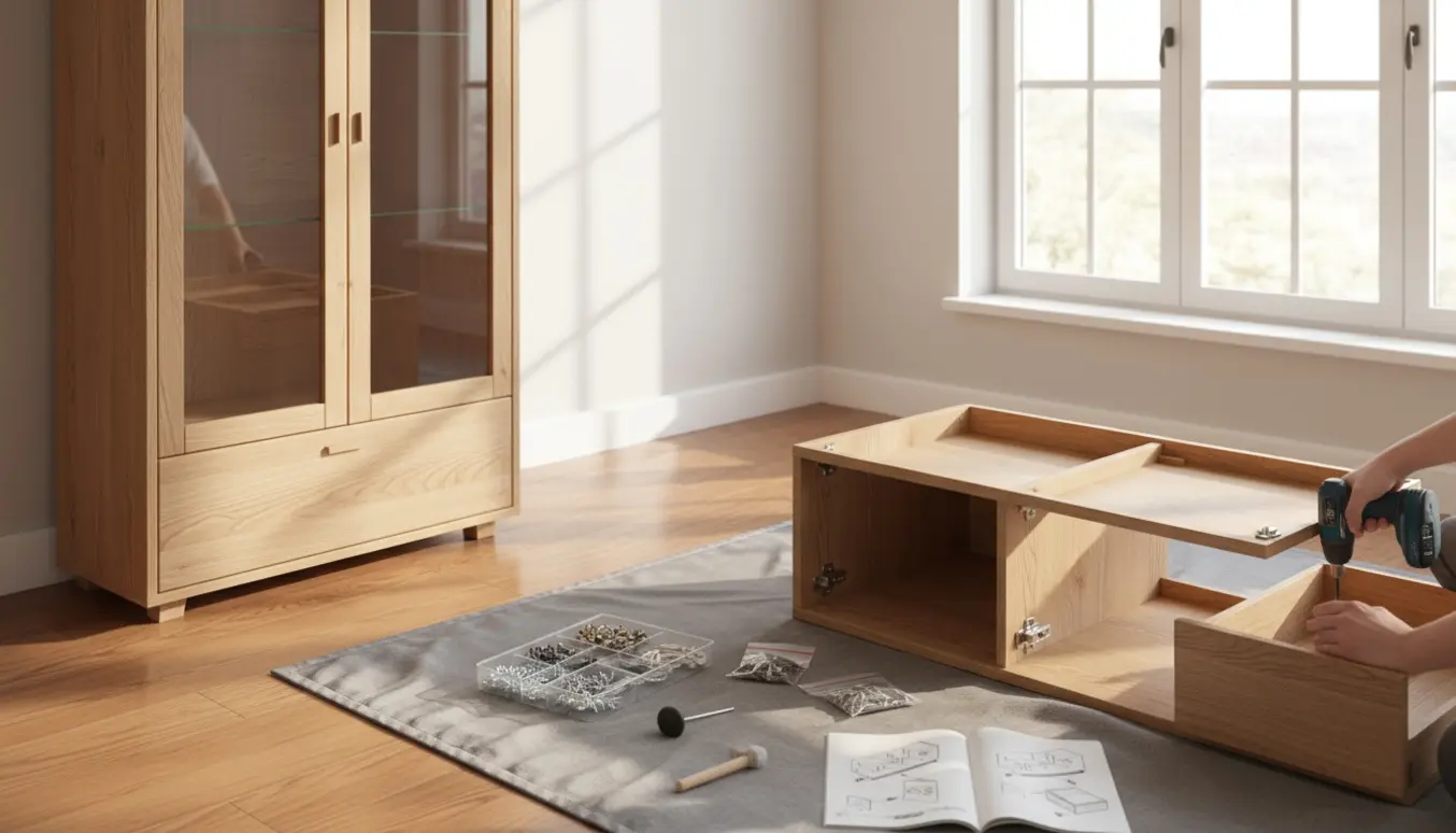 To vitrineskabe med to låger og én skuffe under samling i et lyst rum, hænder arbejder med værktøj.