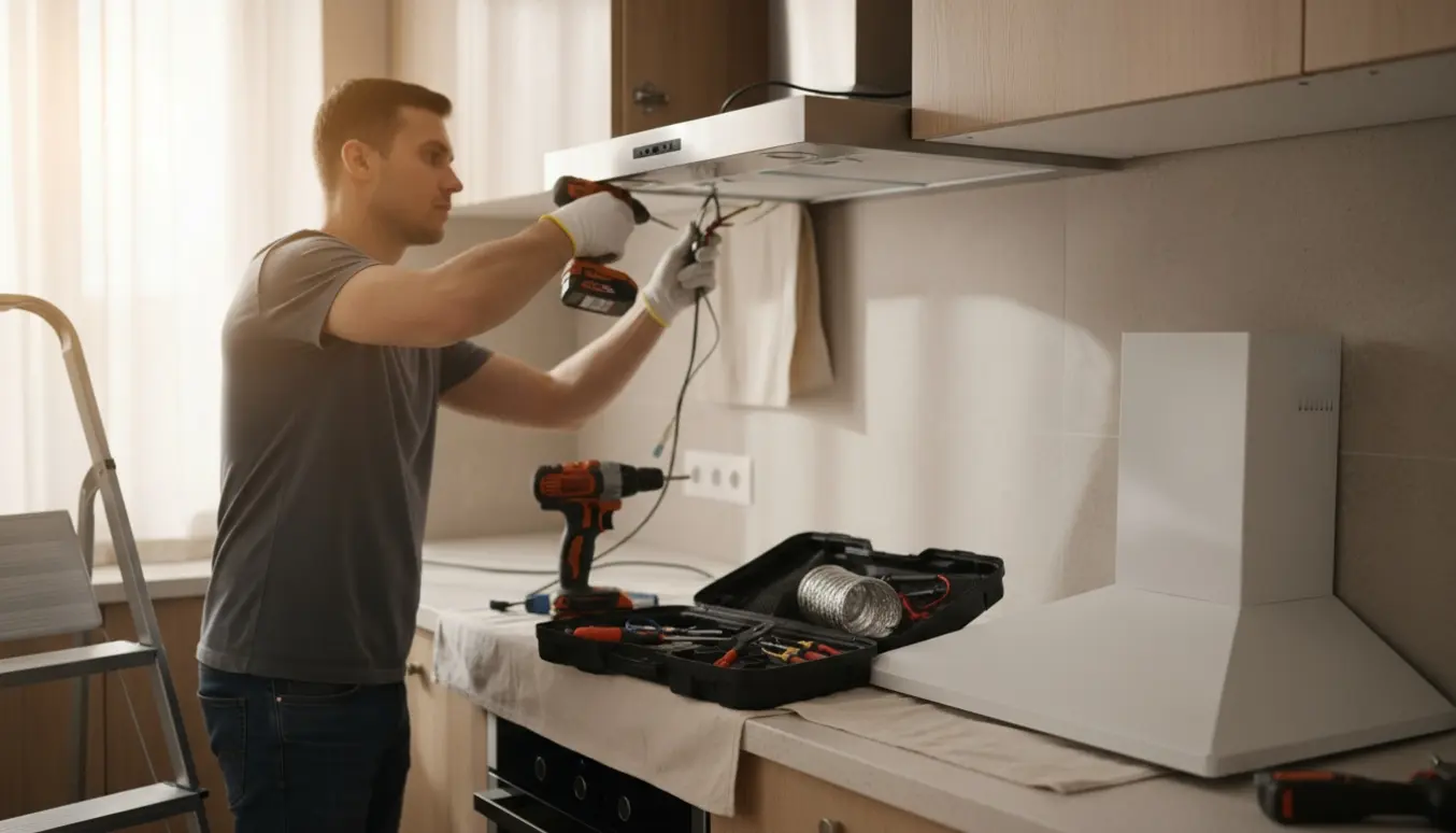 Installatør monterer en ny emhætte under et køkkenskab, mens den gamle er fjernet og værktøj ligger ordentligt ved siden af.