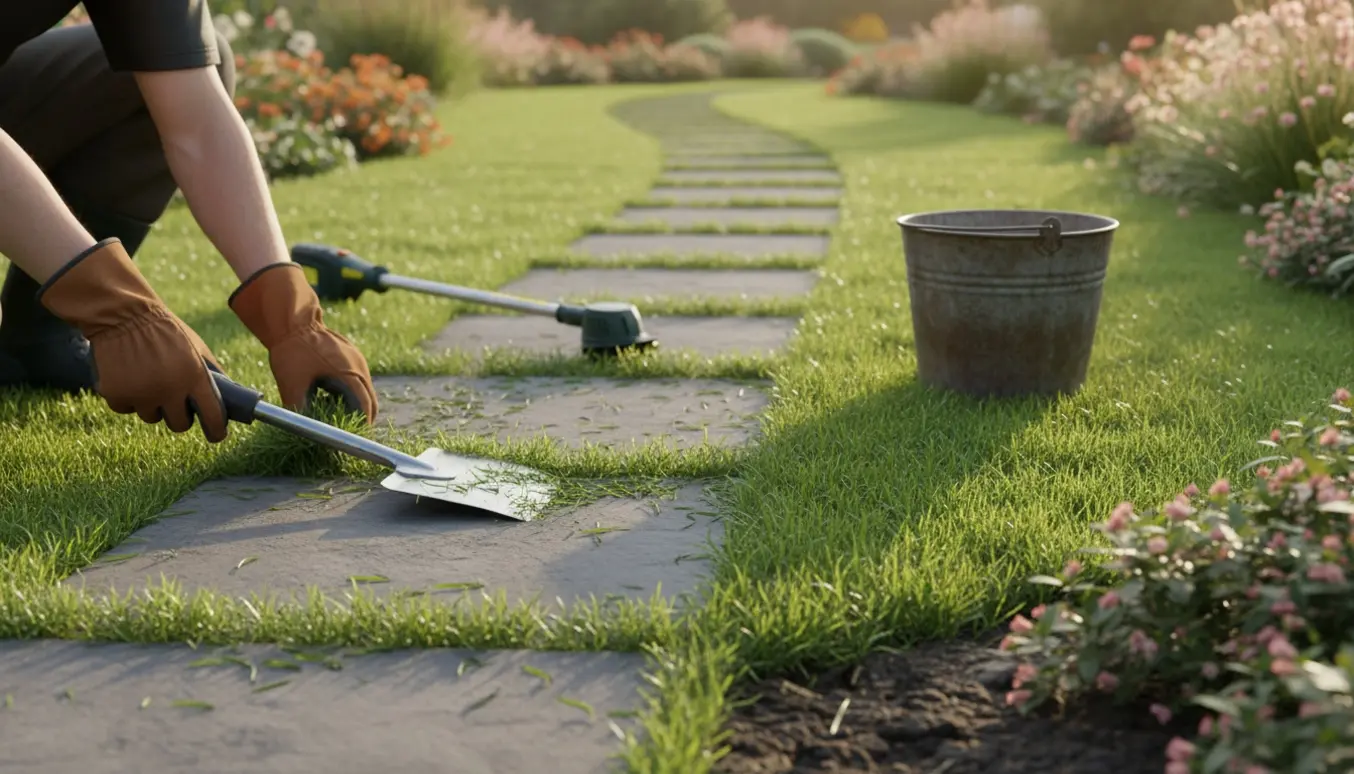 Hænder i handsker fjerner græs, der vokser ind over kanten af en lang flisegang.
