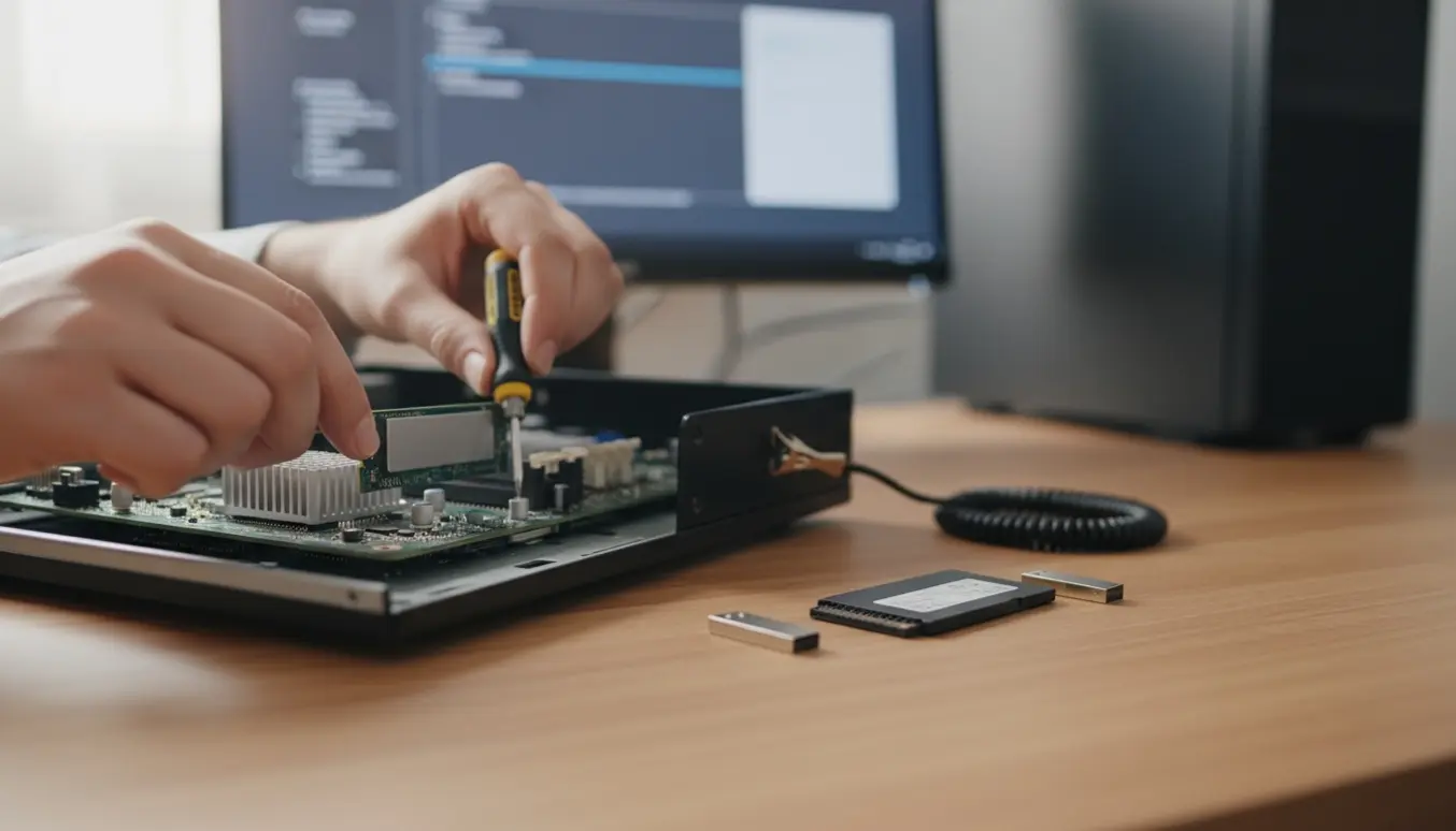 Åben pc på bordet med hænder, der monterer en ny M.2-SSD i bundkortet klar til installation af Windows 11.