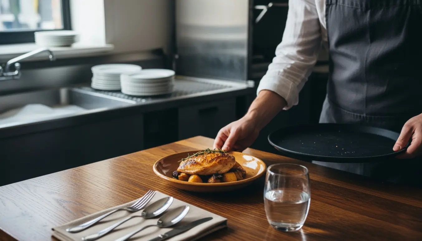 En tjener sætter en tallerken på et bord og rydder op ved vasken i en restaurant.