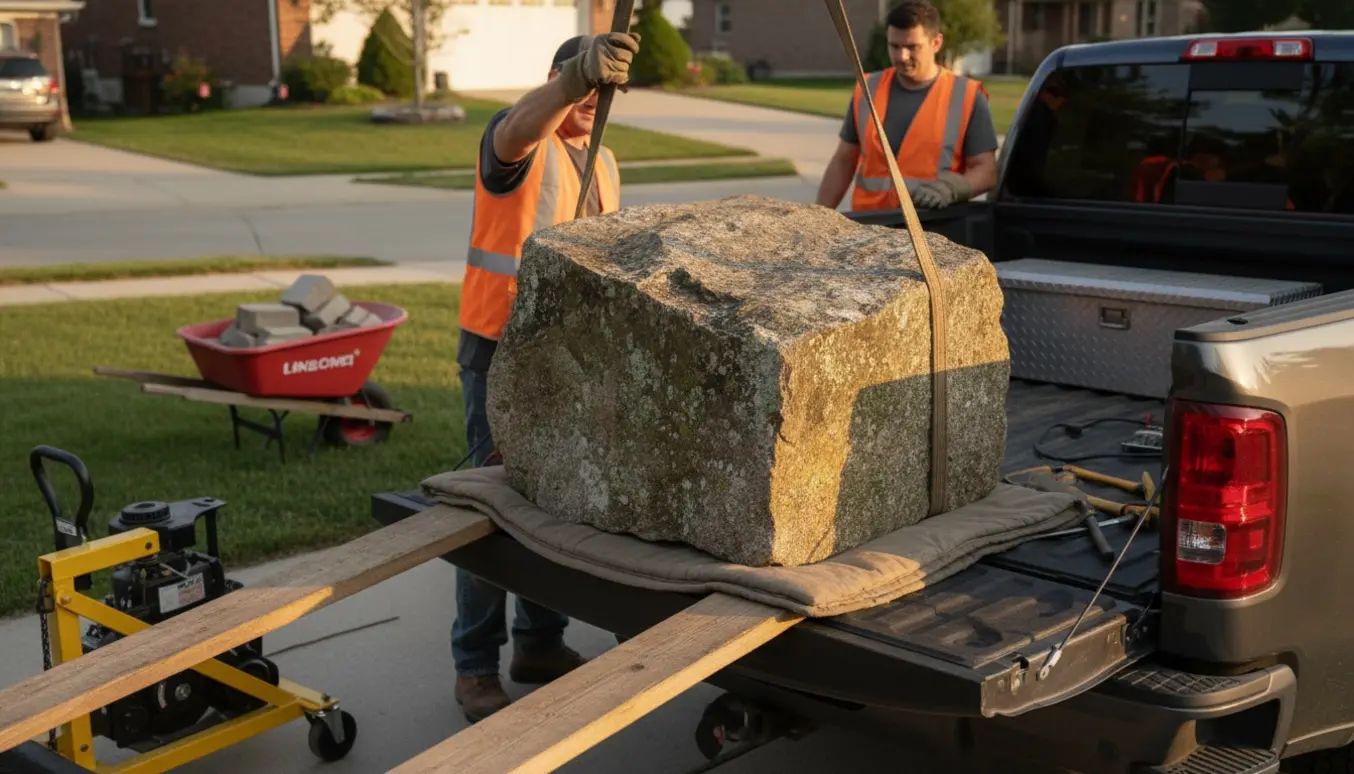 Stor natursten løftes op i ladet på en pickup med løftestropper og arbejdshandsker i en indkørsel ved gyldent lys.