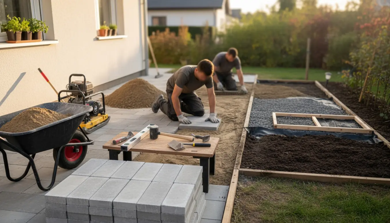 Detaljeret billede af udskiftning af terrassens fliser og etablering af underlag til et minidrivhus i bedet.