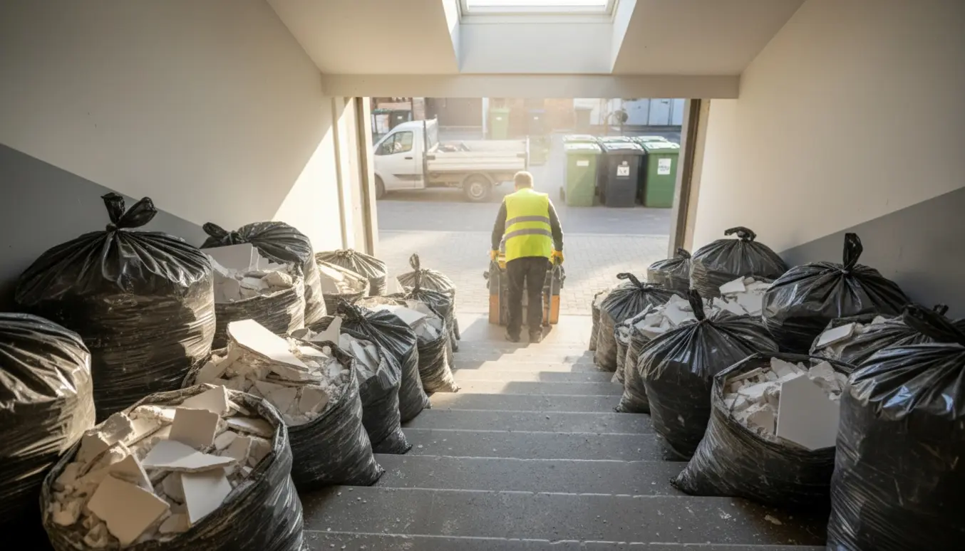 Store sorte sække fyldt med gips og byggeaffald i en opgang, mens en arbejder med en tralle skubber dem mod genbrugspladsen.