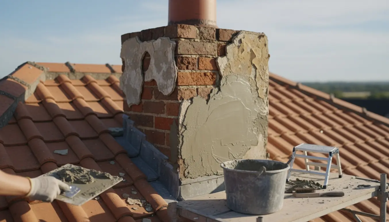 Nærbillede af en skorsten, hvor gammel puds skaller af, mens frisk mørtel påføres af en håndværker.