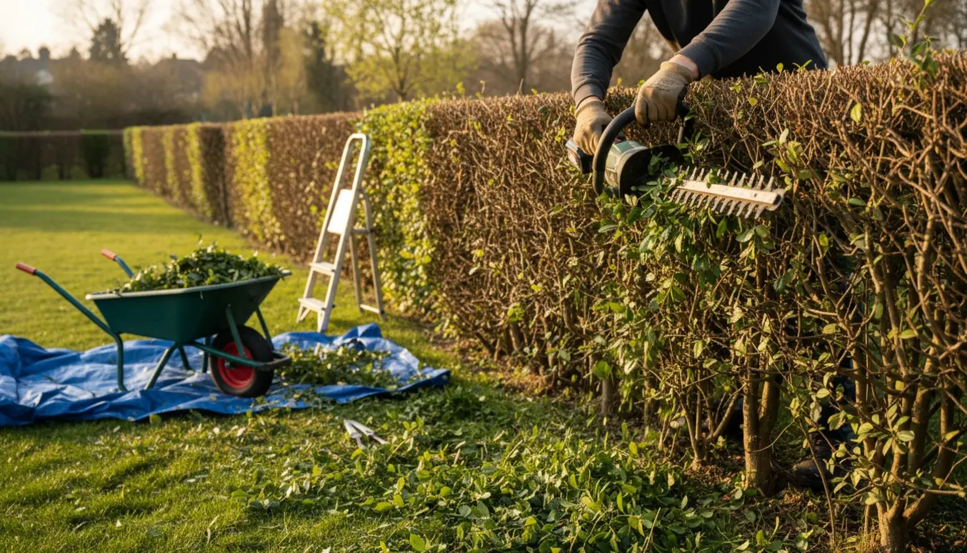 Bagfra set person klipper en cirka tredive meter lang hæk med en batteridrevet hækkeklipper, afklip samlet i en trillebør.